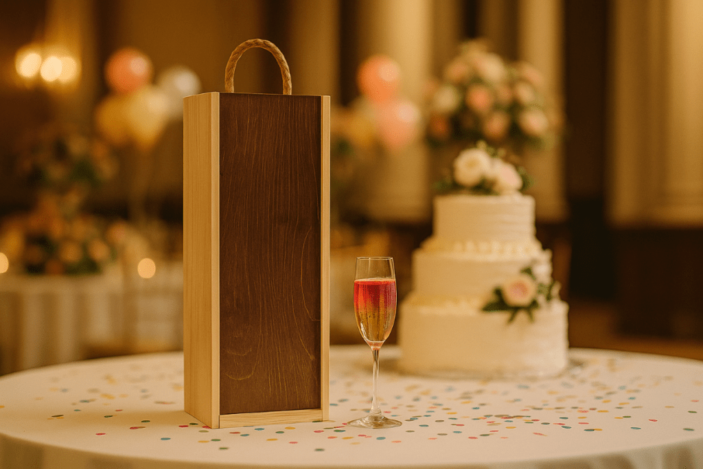 Na stole znajduje się elegancka, drewniana pudełko z uchwytem oraz toast w kieliszku z napojem o kolorach przechodzących od złotego do czerwonego. W tle widoczny jest biały tort ozdobiony kwiatami oraz kolorowe konfetti na stole.